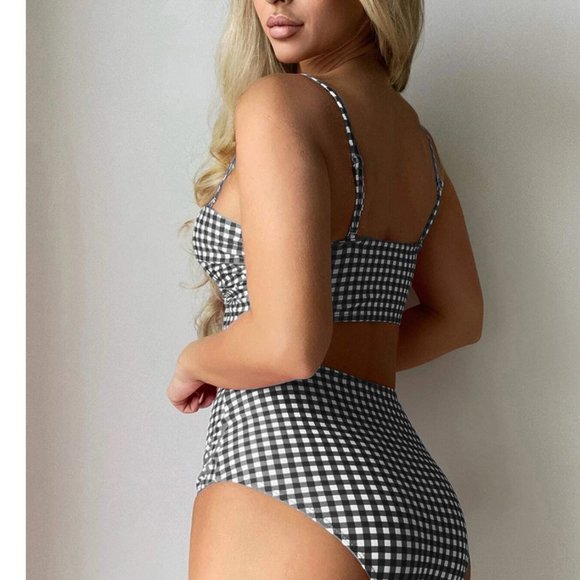 Gingham Print Padded High waisted Swim Beach Bikini black - Picture 4 of 6